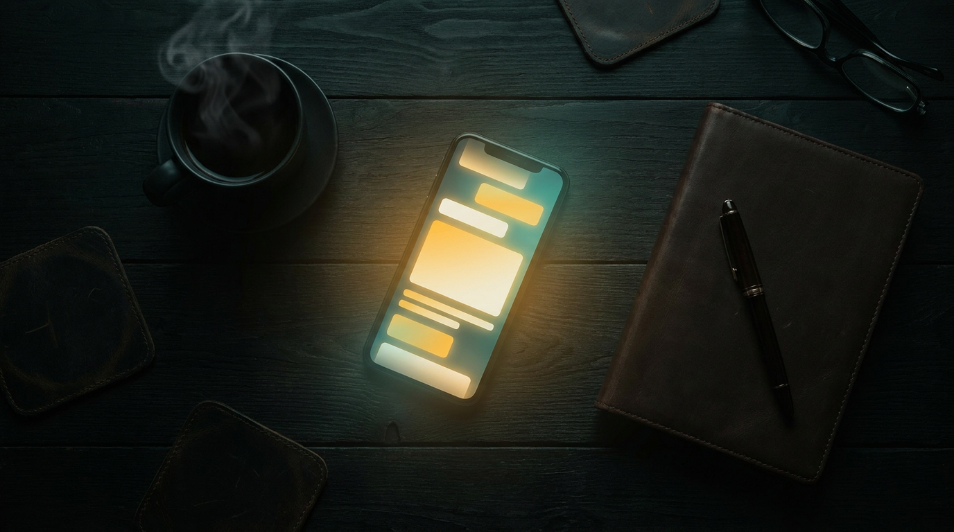 Top-down shot van een donker bureau met een smartphone die een abstracte feed-pattern toont in teal en goud, met koffie en notitieboek in de periferie. Beeld voor LinkedIn voor MKB-eigenaars.