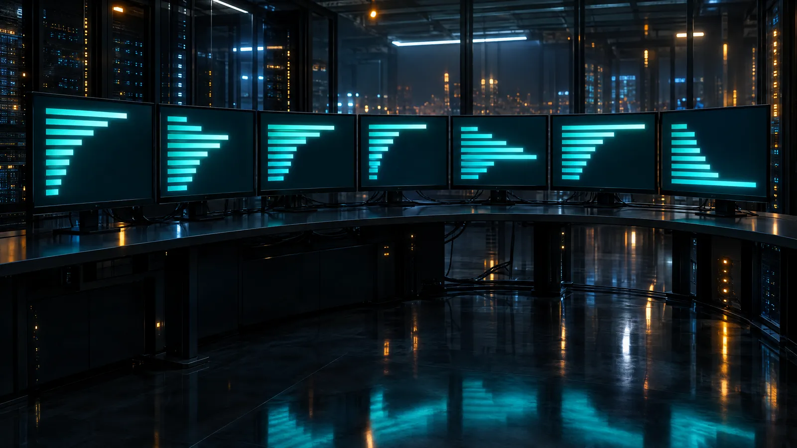 Zeven schermen naast elkaar, elk met een andere ranglijst van lichtbalken: zeven AI-engines die elk andere bureaus noemen