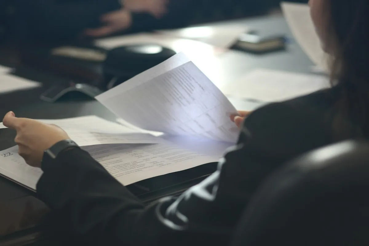 Iemand leest een document door aan tafel
