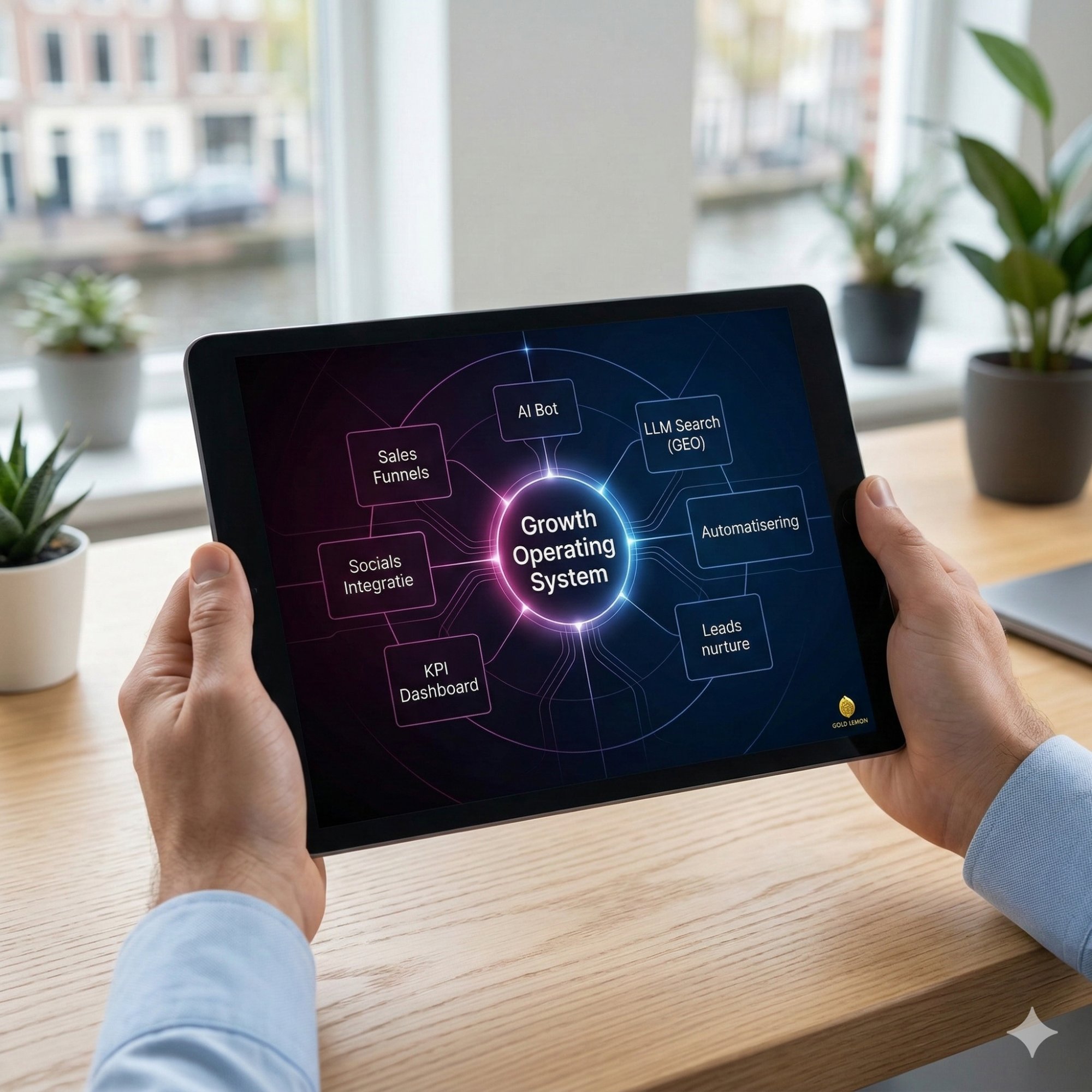 Laptop met code editor en marketing dashboard open